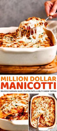 Million Dollar Manicotti is stuffed with four types of cheese and topped off with marinara, ground beef, and melty mozzarella. Perfect for family dinner!