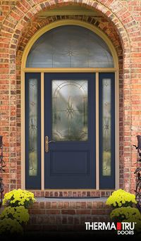 Therma-Tru Classic Craft fiberglass door painted Naval with Cambridge decorative glass. Classic Craft meets the styling of a sleek, modern, or classic entryway adaptable to suit multiple styles to stunning effect.