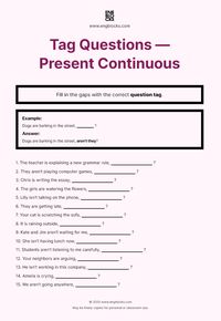 Fill in the gaps with the correct question tag. Follow the link to download this worksheet FREE. Print-friendly. Answer key provided. #english #englishgrammar #eslworksheets #esl #eslwebsite #tagquestions #tagquestion #engblocks