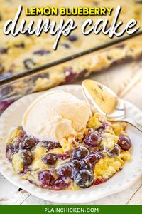 Lemon Blueberry Dump Cake - so easy and SOOOO delicious! Blueberries, sugar, lemon zest, lemon cake mix and butter. Just dump everything in the pan and throw it in the oven. No mixing, no extra dirty dishes, no spoons, just one pan. Great for potlucks and cookouts. Serve warm with vanilla ice cream. There are NEVER any leftovers! SO good!