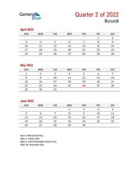 Free quarterly calendar for Burundi with holidays. Holiday calendars in PDF, Word, and Excel are printable and easy to customize.