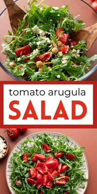 Quick, easy, and totally delicious, this tasty Tomato Arugula Salad features baby arugula, chickpeas, tomatoes, sliced almonds, crumbled feta, and a fresh lemon dressing! Love this light and healthy salad recipe. It's vegetarian, gluten-free, and grain-free.