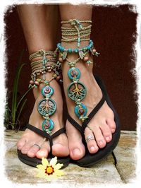 Yggdrasil TREE of life BAREFOOT SANDALS Turquoise Stone artisan tan crochet sandals foot jewelry Boho beach sandal Earthy Wedding Naturalist