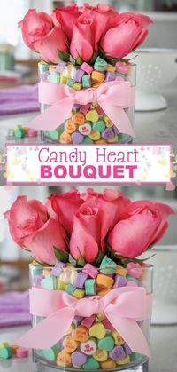 Make a candy heart Valentine bouquet with this adorable idea from Smart School House! It is the perfect DIY decor for Valentine's Day! With beautiful pink roses, conversation hearts, and a pink bow, this easy candy heart bouquet is perfect for a table centerpiece or a Valentine's Day gift!