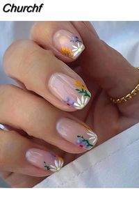 Churchf New Square False Nails French Fake Nails With Flower Pattern Designs False Nails Full Cover Detachable Press on Nail Tips