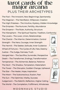 the major arcana of a tarot deck and their archetypes is some handy information to know. it’s the essence & core of who & how someone is. it can help us understand our own motivations & behaviour. in tarot, it can help you become more familiar with the characters & energies of the major arcana. it can be learnt as a tarot beginner & will help with tarot readings & tarot spreads in the future. ✨ follow MoonHaus Studio for more tarot spreads, tarot decks, & tarot tips!