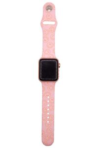 Bring style to your Apple watch with a Walli watch band. Our watchbands are made of high-quality silicone for comfortable wear all day. Pair this band with a coordinating All Smiles case and wrist lanyard! Strap Design: Light bubblegum pink with peach orange smiley faces Size: 38/40/41 mm - Fits wrists 5.5-7" longSize: 42/44/45 mm - Fits wrists 6-7.5" long