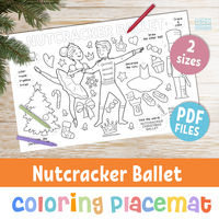 🌻 Nutcracker Christmas Ballet Activities Printable Placemat for kids is a fun, easy and engaging activity sheet for little kids. It features our hand drawn illustrations and it comes in 2 sizes, as an instant download PDF file. It includes coloring, code coloring, tracing, counting, and drawing activities! This  placemat can be easily printed at home (letter size). It's the perfect gift for the little ballet lovers that can keep the kids engaged at Christmas time! #nutcracker #activities