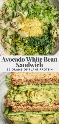 This Avocado White Bean Sandwich is high protein and loaded with savory and herby flavors from both artichoke hearts, dill and oregano. Easy and quick to prep for lunches during the week.