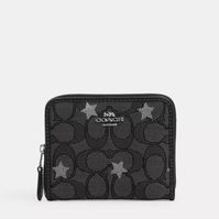 New! Small Zip Around Wallet In Signature Jacquard With Star Embroidery Signature Jacquard And Refined Pebble Leather Two Credit Card Slots Id Window Bill Compartment Zip-Around Closure 4 1/2" (L) X 3 3/4" (H) X 3/4" (W) Style No. Cp432