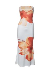 Get ready to bloom this summer in the Lily Floral Print Strapless Maxi Dress! Featuring a vibrant white base with big orange flowers, this slim fit dress has a high waist and figure-hugging A-line long skirt. Made for good girls, this bandeau dress from Summer's in Bloom Collection is sure to turn heads. Lily Floral Print Strapless Maxi Dress in White High Waist Slim Fit A-Line Long Skirt Figure Hugging Bandeau Dress Good Girl Things Summer's in Bloom Collection