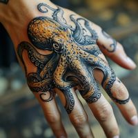 The octopus tattoo on the hand is a display of adaptability and intelligence, traits shared by the enigmatic sea creature. Its tentacles flow with a life of their own, a blend of realism and fantasy on skin.