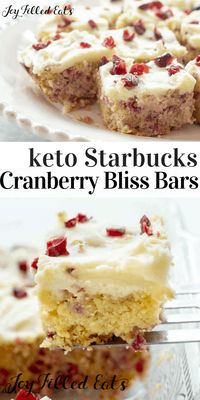 Cranberry Bliss Bars - Low Carb, Keto, THM S, Gluten-Free - This delightful keto fall treat is reminiscent of the famous cranberry bliss bars sold at Starbucks with cranberries, hints of orange and ginger, and cream cheese icing. #lowcarb #keto #sugarfree #thm #trimhealthymama #glutenfree #grainfree #copycat #healthy #christmas #ketodessert #cranberries #starbucks