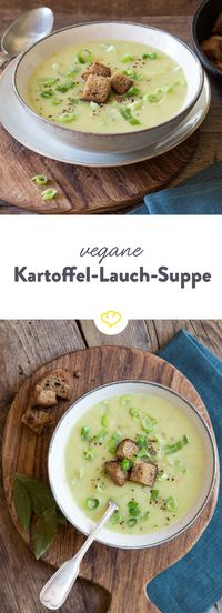 Cremige Kartoffelsuppe ohne Milch und Sahne? Na klar! Lauch, Kräuter und Croûtons sorgen für's Aroma, die Sämigkeit übernehmen die Kartoffeln persönlich.