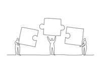 People connecting puzzle elements One line drawing Business, teamwork, partnership, work and team concept.