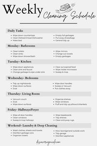 Cleaning can be overwhelming at times- all these cleaning tasks and so little time! try following this cleaning schedule to break it up over the week and make it easier on yourself!