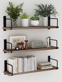 PRICES MAY VARY. [Long Floating Shelf]: Each of the EALLRINEC wooden wall shelf measures 24" x 6" with a modern minimalist design, approaching for a much safer storage. Collectibles, albums, books, toys, artwork, trophies, small plants and more can be put on it [Clutter-Free]: With the wall shelves, you can create extra space to make your workspace, home, bedroom, bathroom or kitchen more organized and clutter free, for that neat, tidy and spacious feeling [Multi Usage]: The 3 wooden shelves can