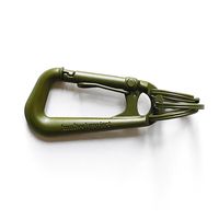 Custom shaped carabiner with triple integrated key rings for security Measures compactly at 3.0" x 1.5" Matte olive finish will naturally and gradually chip with use Embossed (multee)project logo detail Please note: DO NOT use for climbing