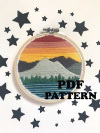 Embroidery pattern of a beautiful sunset in the mountains.  This is a DIGITAL DOWNLOAD only. No physical product will be mailed to you. Once your payment clears through Etsy (usually immediately) your files will be available to download! This listing includes:  -A PDF download of the pattern in color and black and white -A supplies list of everything you'll need to complete the project -A stitch guide showing how to do common stitches -A "how to" of simple directions for the piece -A list of met