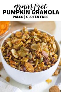 Pumpkin grain free granola is your next easy, gluten free and paleo breakfast for fall! Made with nuts, seeds, coconut and pumpkin spice, this healthy breakfast recipe will start your day with a crunch. #granola #grainfree #healthybreakfast #paleobreakfast #healthygranola #pumpkin #fallrecipe #pumpkingranola