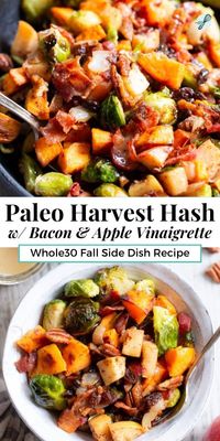 This harvest hash is everything you’re craving for the fall season, or anytime! It’s loaded with roasted veggies, apples, bacon, pecans and raisins for a sweet, savory and healthy dish! The apple vinaigrette add the perfect final touch! Paleo, Whole30 compliant and great for any meal or as a holiday side dish!