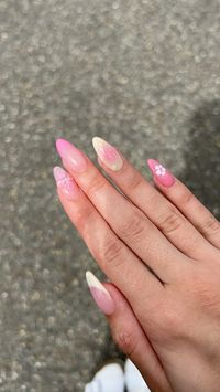 summer pink and yellow almond acrylic nail inspo