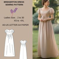 Empire Waist Regency Gown, available as an instant download (pdf) sewing pattern bundle with a range of size options, including plus sizes US Sizes: 2, 4, 6, 8, 10, 12, 14,16,18,20,22,24,26,,28,30 Standard Sizes: XS, S, M, L,XL,2XL,3XL,4XL These patterns are suitable for A4, A0, and US Letter size papers. Once your payment is processed, you will automatically receive download links for the pattern files. Please note that you can only download the files from a computer; they will not work on a phone or iPad. This is a digital product. You will receive zip files containing the patterns and sewing instructions. Due to the nature of digital downloads, no refund, return, or exchange of the files is possible. However, if you experience any problems with the files, please contact us, and we will