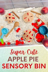 Looking for an easy Apple sensory bin for fall? This apple pie sensory bin for preschoolers is perfect! Little ones will enjoy scooping, pouring, and creating their own little pies! What fun! Check out this apple pie sensory tub idea today.