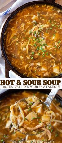 Hot and Sour Soup is the PERFECT combo of spicy and savory, made with pork, mushrooms, bamboo shoots, tofu, and eggs in a savory seasoned broth with soy sauce and vinegar. #chinese #chinesefood #takeout #soup #dinner #recipe #authentic #restaurantstyle #dinnerthendessert