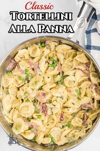 Tortellini alla Panna is a luxuriously creamy pasta dish made with cream, butter, and parmesan cheese sauce, fresh herbs, stuffed tortellini, frozen peas, and sliced prosciutto. This entire pasta with cream dish comes together in less than 30 minutes and is loved by everyone!