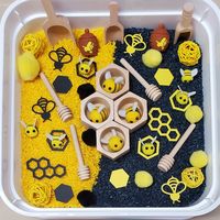 Honeybee Sensory . Sensory Bin Comes With Black And Yellow Rice Non Toxic Color, Felt Honeybees ,Wood Scoops,Yellow Rattens,Paper Honeycomb And Paper Bees ,Pompoms,Honey Jar. I Usually Put Letters Or Numbers In Them If You Have Preference You Can Let Me Know. Container Included For Easy Storage When Put Away. For Ages 2 And Over With Supervision.