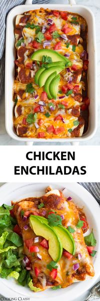 Chicken Enchiladas - OBSESSED with this recipe! I've made these countless times. The homemade enchilada sauce is amazing! #enchiladas #enchiladasauce #mexicanfood #recipe #cookingclassy