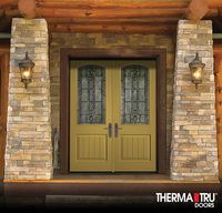 Therma-Tru 8'0" Classic Craft fiberglass doors painted Different Gold with Lucerna decorative glass. Classic Craft meets the styling of a sleek, modern, or classic entryway adaptable to suit multiple styles to stunning effect.