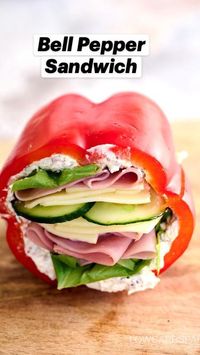 5min · 2 servings     Full Recipe Here: https://www.lowcarbspark.com/bell-pepper-sandwich/  INGREDIENTS  • 2 medium Red bell pepper  • 1 tbsp Mustard  • 1/4 cup Cream Cheese  • 2 leaves Leaf lettuce  • 8 oz ham slices  • 4 slices Provolone cheese  • 1/2 medium cucumber sliced