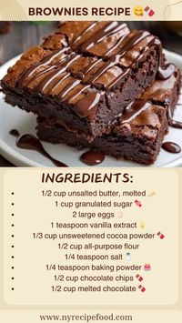 1️⃣ Preheat your oven to 350°F (175°C). Grease a baking pan with butter or line it with parchment paper.  2️⃣ In a medium bowl, combine the melted unsalted butter and granulated sugar. Mix well until fully incorporated.  3️⃣ Beat in the eggs and vanilla extract until the mixture is smooth and creamy.  4️⃣ Sift the unsweetened cocoa powder, flour, salt, and baking powder. Add to the egg mixture and stir until just combined.  5️⃣ Fold in the chocolate chips until evenly distributed in the batter.  6️⃣ Pour the brownie batter into the prepared pan and smooth the top with a spatula.  7️⃣ Bake in the preheated oven for 20-25 minutes or until a toothpick inserted into the center comes out with a few moist crumbs. Allow the brownies to cool completely in the pan.