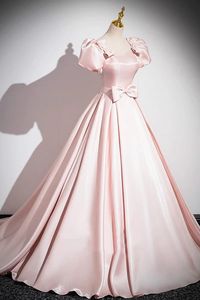 Wholesale Pink Scoop Neckline Satin Floor Length Prom Dress Pink Short Sleeve A-Line Party Dress