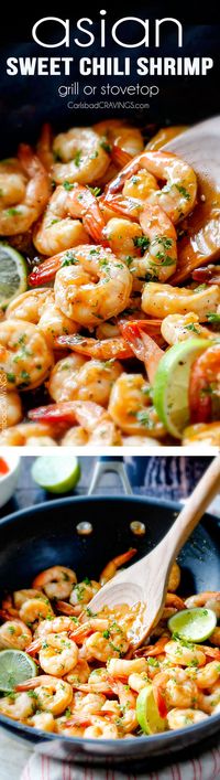 quick and easy Asian Sweet Chili Shrimp (grill or stovetop) - this is by far my favorite shrimp recipe! The tangy sweet heat sauce with honey and lime is incredible and its SO easy! 10 minute prep, 5 minutes to cook!