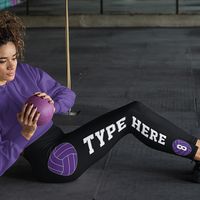 Make your own customized purple volleyball leggings by typing your own volleyball team name and volleyball player jersey number in the custom text boxes! Makes an awesome outfit and gift idea for volleyball players, coaches and fans with purple team colors!