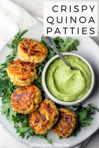 When you're looking for ways to use leftover quinoa, try these easy tasty vegetarian quinoa patties, served with an avocado yogurt dip - perfect appetizer! | Quinoa Recipes | Appetizers | Side Dishes | Vegetarian Food | #quinoapatties #quinoarecipes #appetizerideas #vegetarianfood #feelgoodfoodie