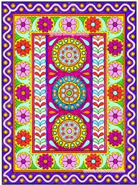 Folk Art Coloring Book: Abstract Indian-inspired pattern coloring page by Thaneeya McArdle, colored in with gel pens