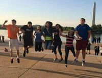 Sawyer with Friends Jumpin in front of the Washington Monument at the Jefferson Memorial 8th Grade Washington DC Trip May 2014