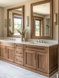 Transform your bathroom into a haven of warmth and elegance with a wooden double vanity. The rich wood tones bring a natural, welcoming feel to the space, while providing ample storage and functionality. Complement with warm colors and soft textures to create a serene and inviting atmosphere.   Click to discover how to design a warm and elegant bathroom with a wood double vanity. #ElegantBathroom #WoodVanity #WarmDesign #DoubleVanity #BathroomIdeas