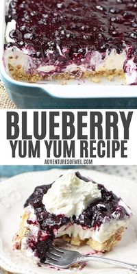 Whip up a dreamy no bake blueberry dessert, aka blueberry yum yum recipe, with cream cheese, Dream Whip, blueberry pie filling, and a pecan crust. Easy recipe!