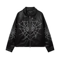 "Stay stylish with the fnacha spider print leather jacket coat. Made of polyester and cotton, this loose-fitting jacket is perfect for the fashion-forward adult male. Suitable for spring and autumn, its ordinary thickness offers comfort without adding bulk. Available in M, L, XL, and XXL sizes, it's a sleek addition to any wardrobe."