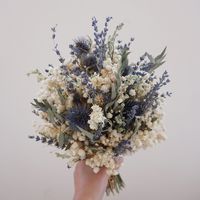 "Natural Blue Thistle Cream Baby Breathing Dried Flower Bridal Bouquet, Bohemian Wedding Dried Flowers, Sage Green Eucalyptus Leaf Bouquet S Size: 11-12\" long, 4-5\" overall width M size: 11-12\" long, 6\" overall width L Size: 12-13\" long, 7-8\" overall width XL Size: 13-14\" long, 9-10\" overall width -boutonniere 4-5\" long The bouquet shown in the main image is approximately 10 inches. Please carefully check the size you need in the drop-down menu Provide customized bridesmaids, corsages,and arch etc. . . *Please make a note of your event date if applicable *Each arrangement is handmade to order and we try our best to ship out within the listed processing time. If you need your item sooner, please message me to see if it's possible *Each arrangement is handmade with the same componen