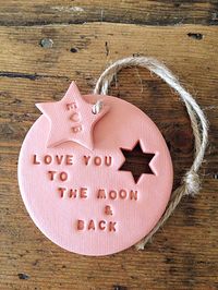 unique affordable clay gifts for valentine romance , you could even buy or make similar in various designs and hang them on a tree in the garden for your fav girl or guy to see on valentines morn for a suprise statement romantic gesture Love you to the moon: terracotta clay decoration & by TwoAndBoo