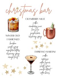 Printable and customizable signature drink menu for a Christmas party. 8"x10" Please allow 24-48 hours for customizations to be made to your order and the file will be sent to your email to print at home! Thank you!