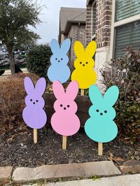 "These Colorful Peeps are the perfect addition to your yard, flowerbed, or garden. This set of 5 will include one of each color, pink, purple,blue, yellow, and mint green. If ordering a set of 6 or more please add color choices and send us message! The Peeps are designed on 1/2\" wood and hand painted with bright vibrant pastel colors. These are approximately 19\" high by 10\" wide which makes them easily visible from the street, patio, or your porch. They are sealed for outdoor durability. Wood