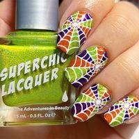 LiveLoveHoloNails on Instagram: "H💿L💿WEEN spider web nails 🕸💚💜🧡 I am verrry ready for Halloween! I wanted to use orange, lime green, and purple for my mani and I saw the spider web stamp and I thought they would come out super cute! I love these so much😍🥰👏🏻 Products Used: @superchiclacquer Juicy, Queen of Tea, 40 Winks @twinkled_t Glow Up @uberchicbeauty Halloween Plate 03 @cuticulanailcare Quick Dry Top Coat . . . . . . . . . . . . . . . . . . #superchiclacquer #reversestamping #hallo