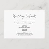 Keep your guests informed in style with our Modern Minimalist Handwriting Font Wedding Details Enclosure Card. This sleek design features a modern handwriting-style font for the headers, complemented by a clean, minimalist serif font for the details. Easily customizable, this card allows you to include essential information such as the wedding date, time, location, dress code, and RSVP instructions. Perfect for contemporary weddings, its timeless and refined layout ensures a cohesive and elegant addition to your wedding stationery suite.